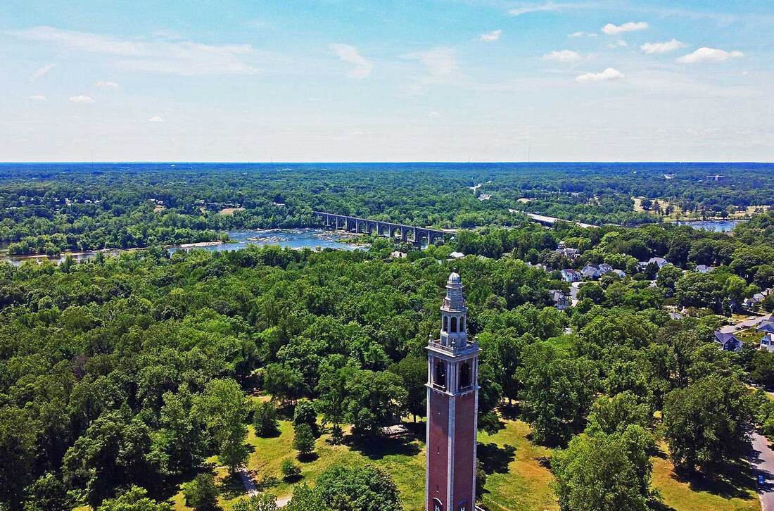 carillon memorial tower viewed from a drone with bridge in the distance